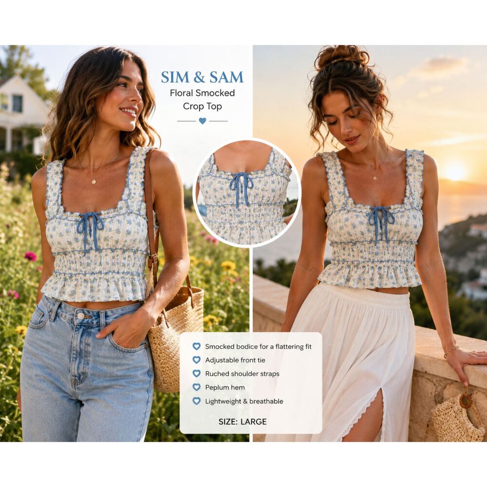 Sim & Sam Women L Floral Smocked Peplum Tank Top Cottagecore Coquette Milkmaid